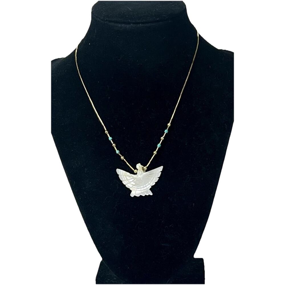 VTG 14k Yellow Gold Turquoise Beaded Necklace w/ Carved MOP Thunderbird Pendant